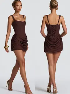 Women's Fashion Chic Elegant Sexy Round Neck Sleeveless Bodycon Tie Waist Short Dress, Comfortable Soft Fabric, Perfect for Parties and Weddings Formal Wear