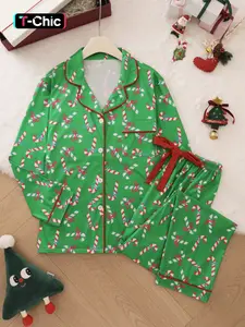 2-piece Pajama Set Butterfly Knot Candy Cane Halloween Soft and Comfortable Top Small Pocket Butterfly Knot Tightening with Elastic Pants Belt Suitable for Four Seasons Home Regular Wear Holiday Pajama Clothing