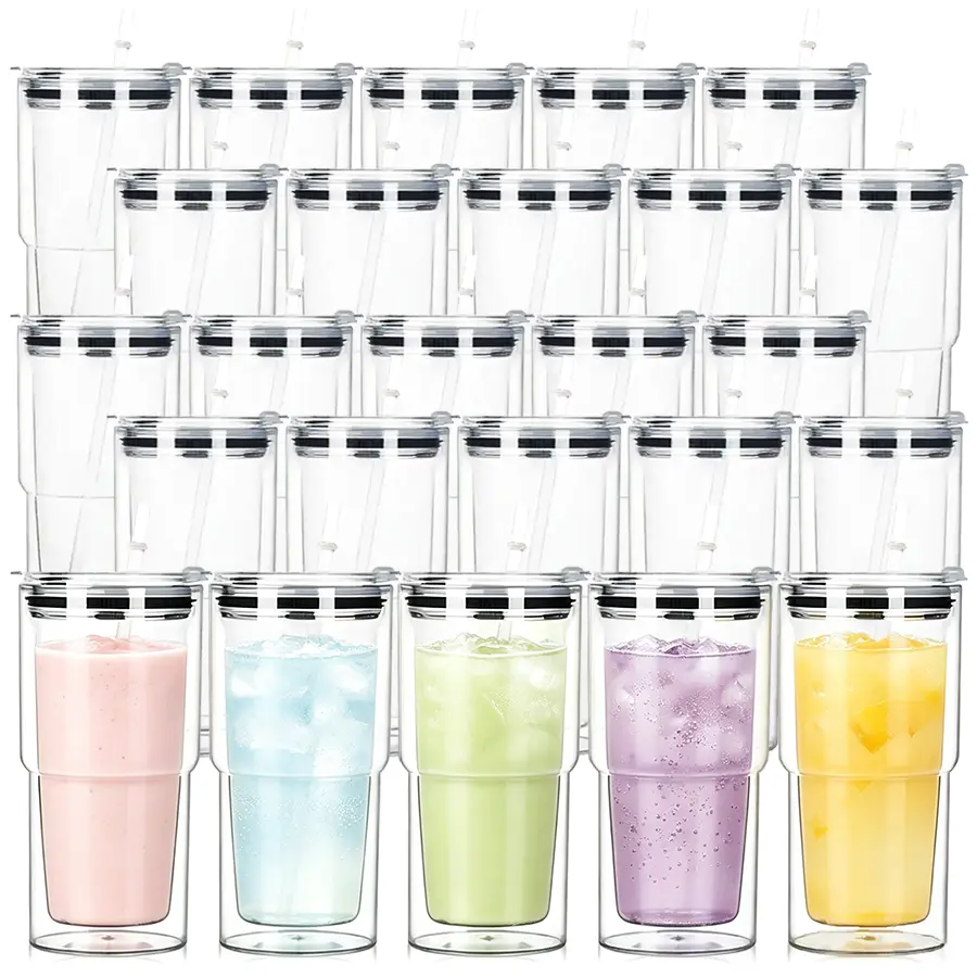 HILAKE 25pcs 18 oz Double-Layer Transparent Polycarbonate Sports Water Bottles - Reusable Washable Acrylic Tumblers with Lids, Straws, Pre-Drilled Hole & Plug, Suitable for Christmas, Birthdays, Double-Layer Transparent — 18 Oz