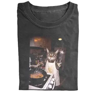 Women's Retro Cooking Cat Meme Graphic Cotton T-Shirt - Ribbed, Oversized Fit Top, Unisex 1-Piece Streetwear Gift, Comfortable Menswear/Womenswear Tee 020304