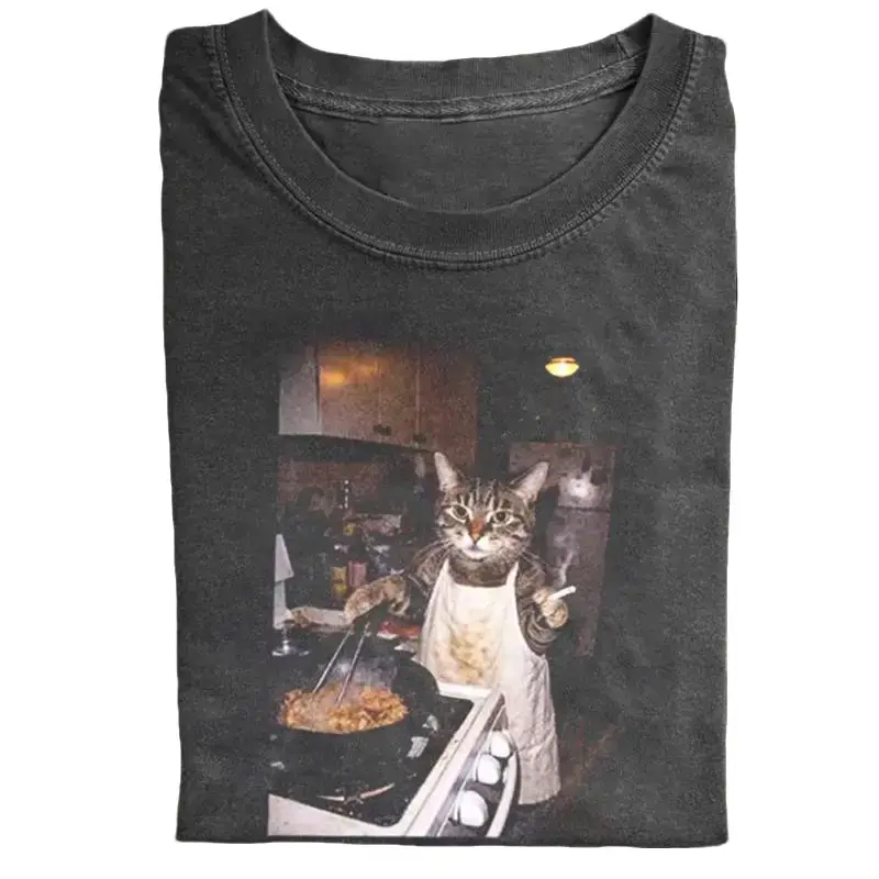 Women's Vintage Ribbed Collar Graphic T-Shirt - USA-Made 100% Cotton Lady's Streetwear Piece, Oversized Classic Fit Short-Sleeve with Distressed Cat Meme Print, Shortsleeve, Fabric