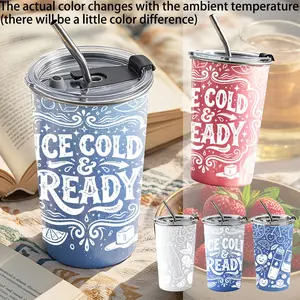 1PC, 16.9oz color changing water cup, ice coffee cup, cold change cup, cold drink cup, Tumbler, with cover and straw, multi-functional and portable travel, suitable for cold drinks, milkshakes, smoothies, parties, coffee bars, picnics and other occasions.