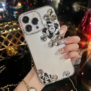 Glamorous Black Rose Bling Clear Phone Case with Detachable Chain – Durable Shockproof Phone Cover for Latest 17, 16, 16 Plus, 15, 14, 13, 12, 11 Pro Max Smartphones