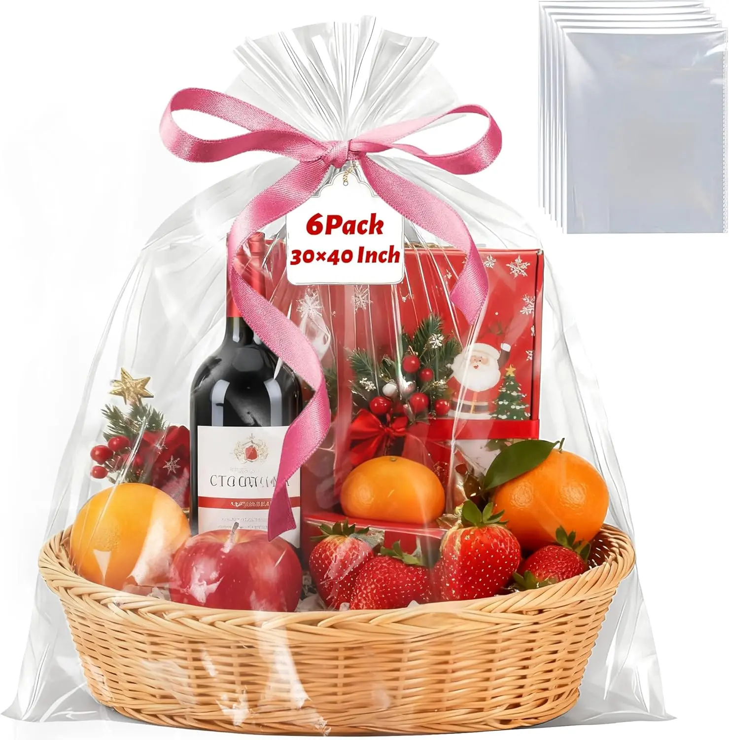 6 Pack Large Cellophane Bags for  Baskets 3040 Inch  2.8 Mil Thick Clear Cellophane Wrap for Christmas  Baskets, Holiday Parties, Birthdays & Weddings  Durable Plastic Clear  Bags