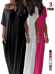 2026 Spring Summer Women's Off Shoulder Maxi Dress, Short Sleeve Loose Casual T-Shirt Dress, Soft Breathable Loungewear with Pockets, Solid & Print Options for Beach & Daily Wear