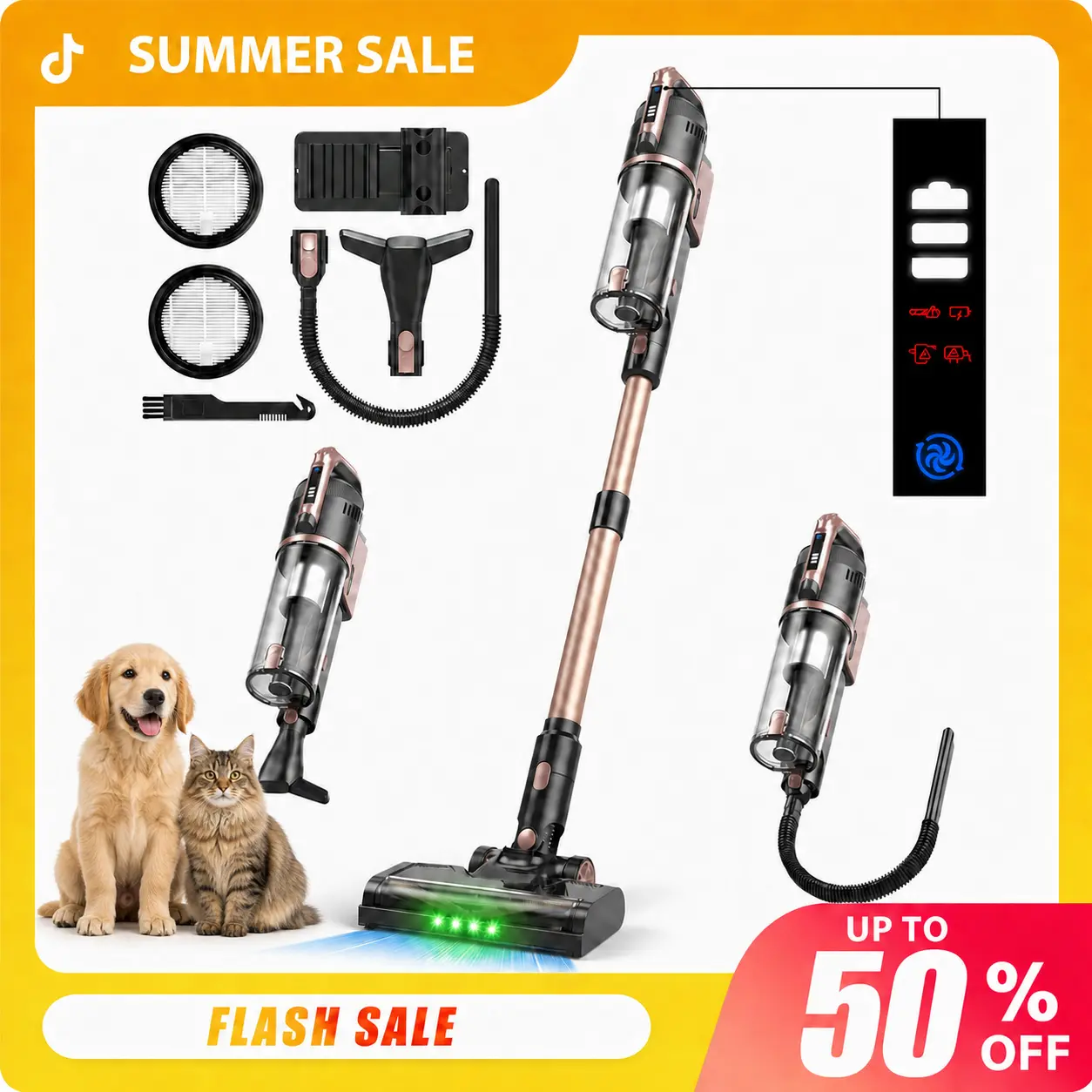 [SummerSale]2026 Newly Upgraded V15 Cordless Vacuum Cleaner, Especially for Pets Home,500W Brushless Motor, Self-Standing Stick Vacuum with LED Display, Removable Battery and Anti-Tangle Brush for Pet Hair, Carpet and Hard Floors