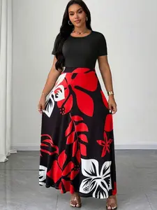 Plus Size Floral Waist Tie Dress | Casual Patchwork Summer Vacation Dress | Boho Chic Outfit
