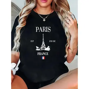 Women's 180g Black Cotton Short Sleeve Crew Neck Paris Eiffel Tower Print T-Shirt, Trendy French Fashion Tee, EST 259 BC Graphic Top for Casual Wear, Stylish Ladies' Parisian Apparel, Comfortable Soft Fabric Summer Tee