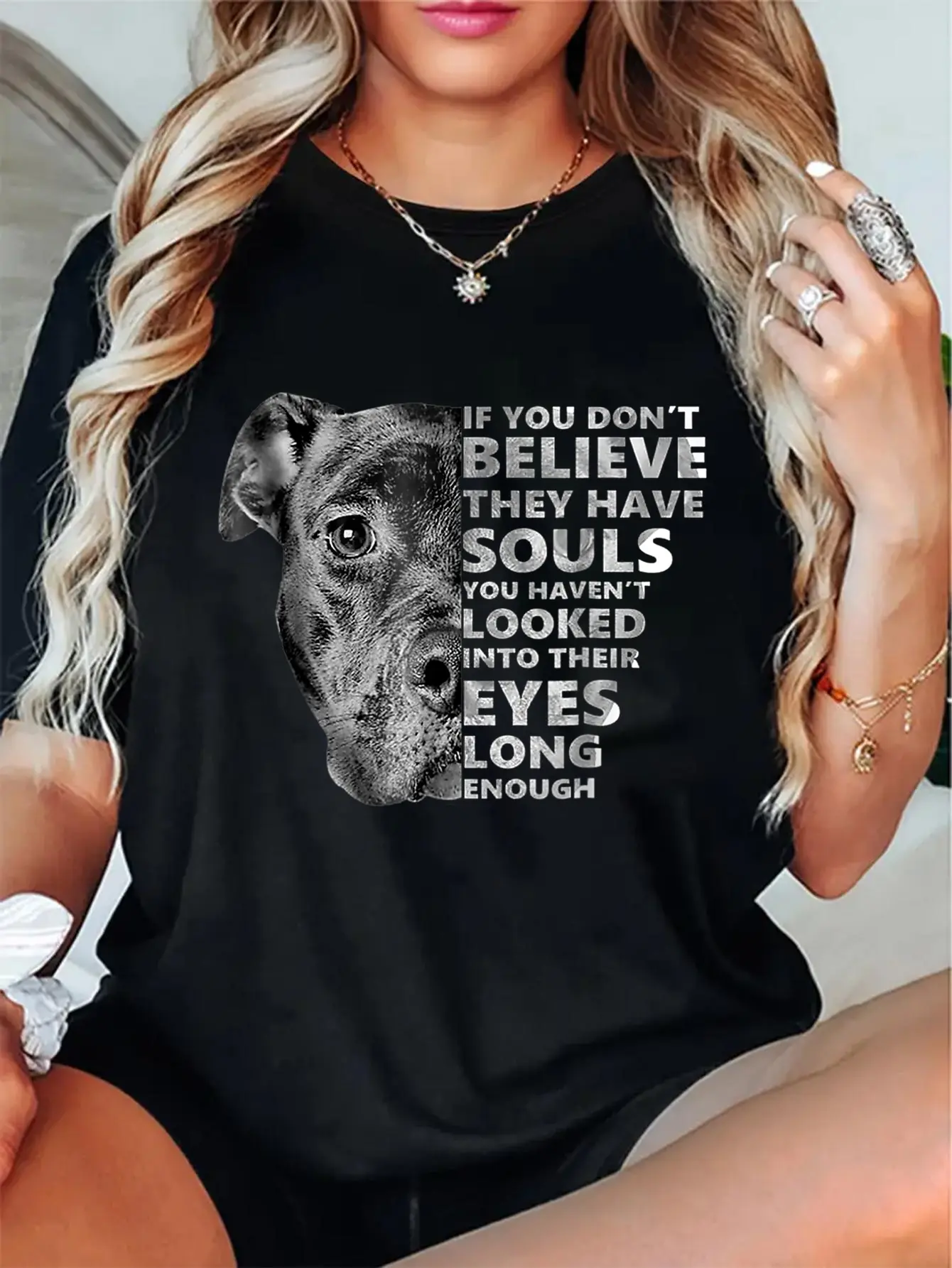 Women's 100% Cotton Short-Sleeve Round Neck Top, Unisex Soul Pitbull Graphic Printed Tee, Everyday Streetwear Casual Dog Lover Apparel, Shortsleeve, Vintage