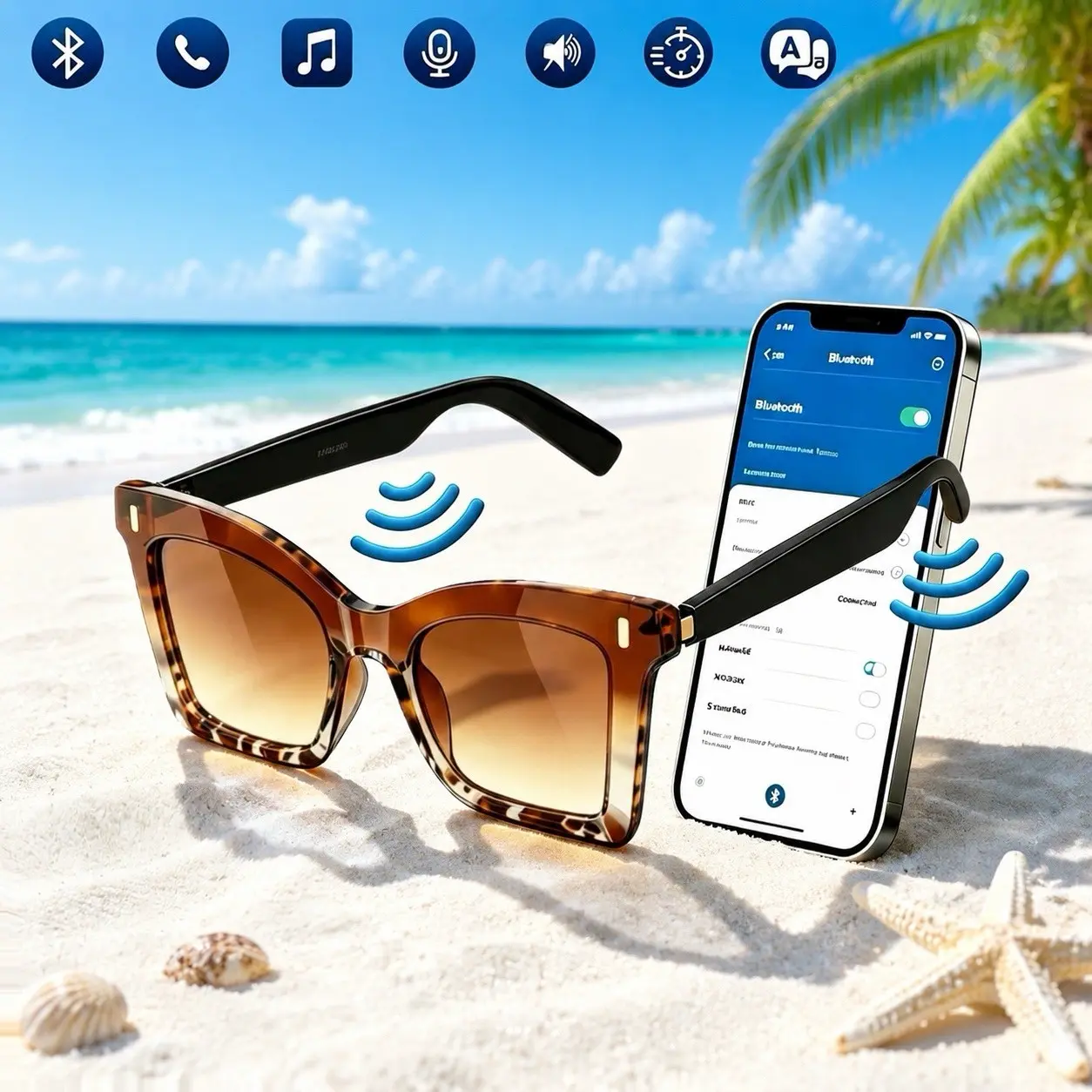 Smart translation glasses, AI Bluetooth glasses, supporting multi-language translation, music glasses, in ear automatic detection switch, Multifunctional audio sunglasses, sweat proof, sun protection, suitable for travel, navigation