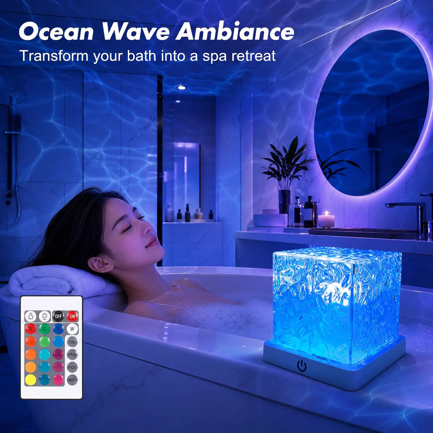 Rechargeable Shower Lamp, Color Changing LED Ocean Wave Projector with Dynamic RGB Lighting, Luminous Flame Effect, Water Ripple, 16 Colors, Dimmable, Waterproof, Remote Control, Rotating for Bathroom Bedroom Decor
