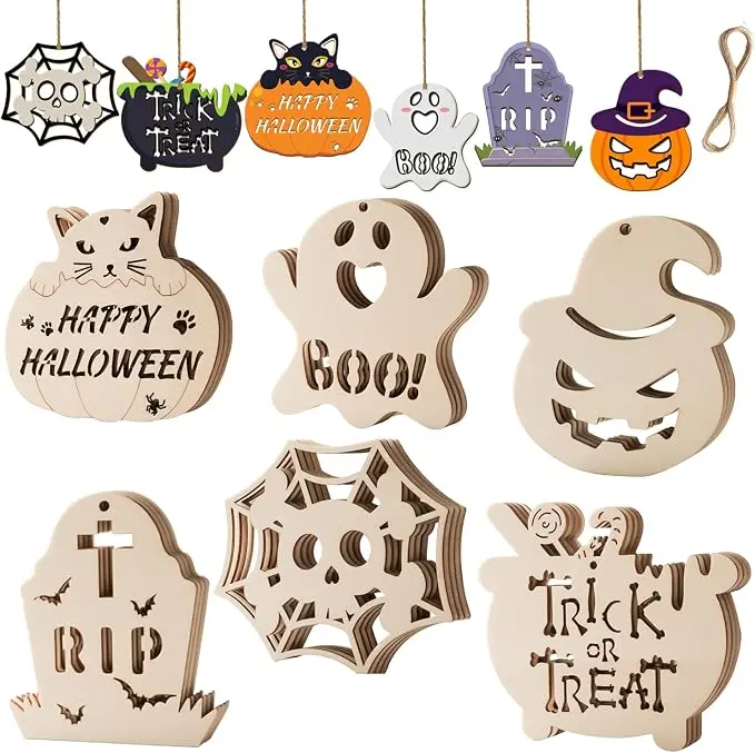 Halloween Wood Cutouts Ornaments for Adults Painting Crafts, 24pcs Unfinished 4inch Paintable Pumpkins Ghosts for Craft Small Wooden Indoor Hanging Kids DIY Decorations, Halloween Decor 2026
