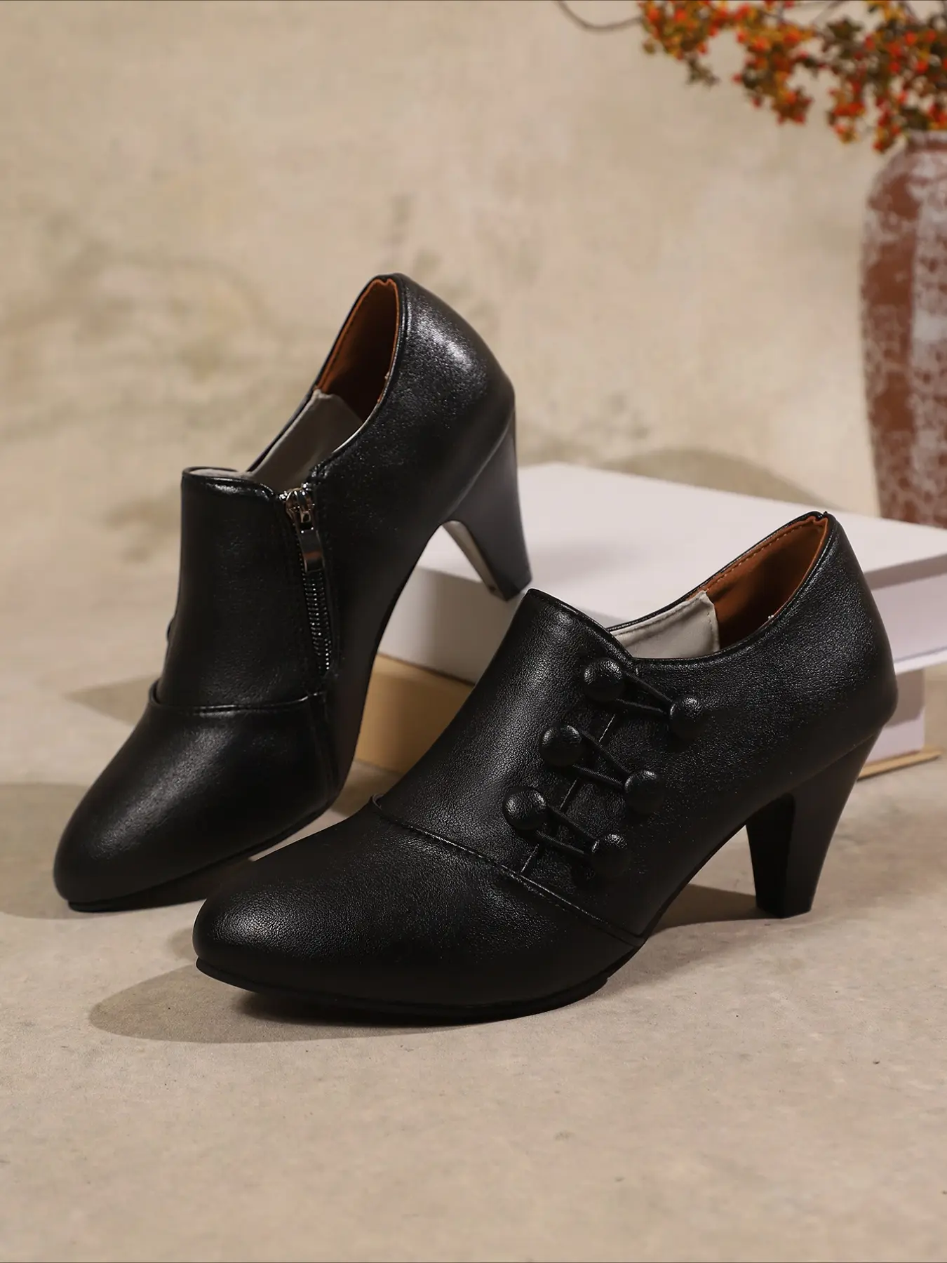 Black Block Heel Ankle Boots for Women, Office Heeled Shoes, Business Formal Boots