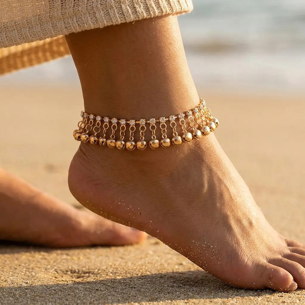 Women's Vintage Tassel Bell Anklet with Rhinestone - Boho Fairy Anklets, Exotic Bohemian Beach Foot Costume Jewelry, Bedazzled Sparkle Anklets, Blinged-Out Anklets