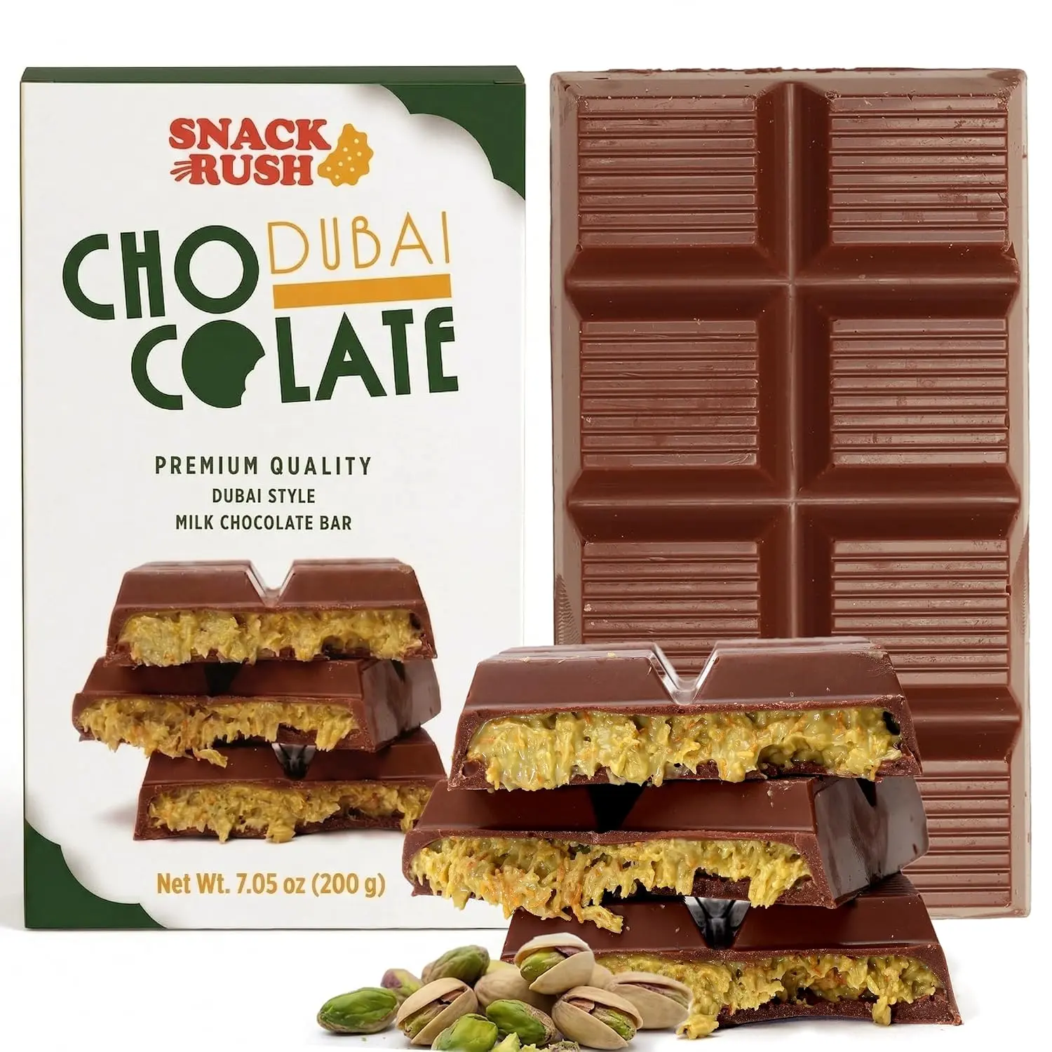 Snackrush Dubai Milk Chocolate Bar with Pistachio Cream & Crispy Kataifi, Handcrafted Knafeh Style Chocolate Dessert Gift, 7.05 oz (200g)