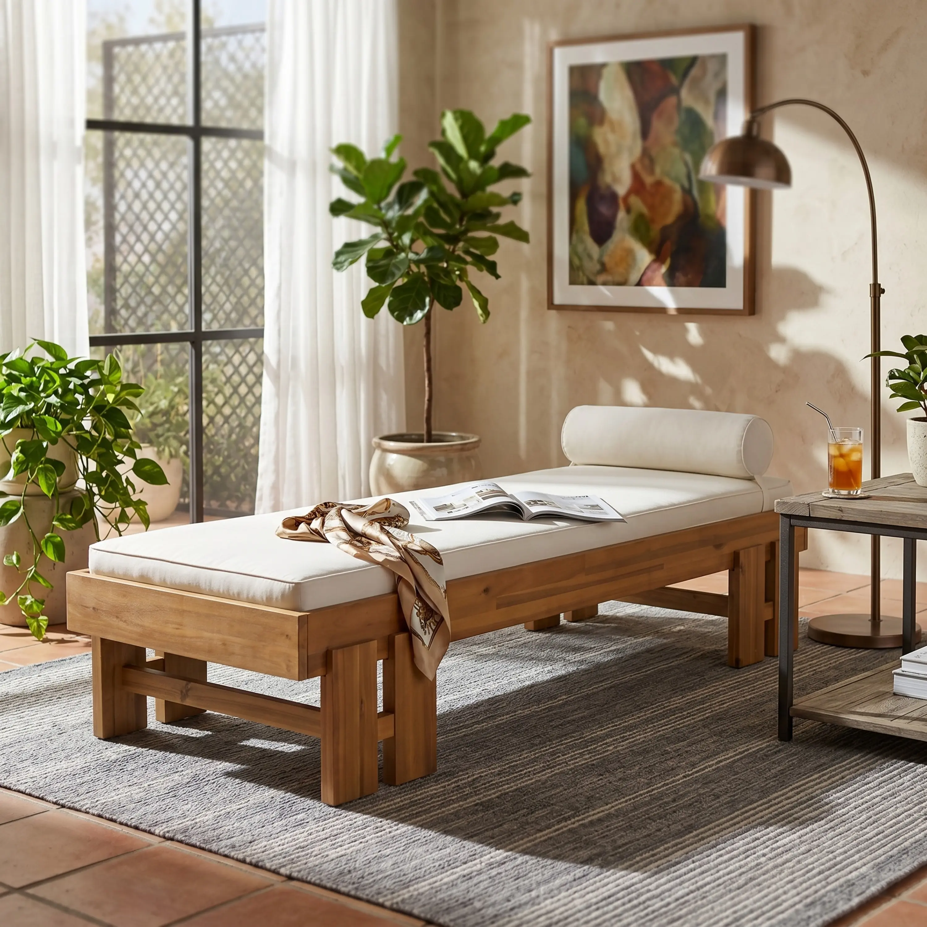 Daybed, Solid Acacia Wood with Teak Finish, Cream Cushion & Pillow Included, 600 lbs Weight Capacity, Indoor/Outdoor Modern Low-Profile Futon Sofa Bed, Washable Cover