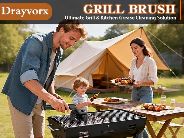Drayvorx 2-in-1 Cordless Electric Grill Brush & Spin Scrubber - Barbecue Utensils with Stainless Steel Wire & Pad Heads, 3-Speed Motor, High-Torque for Outdoor BBQ Grates & Griddle Grease Cleaning, Cleaning Brush