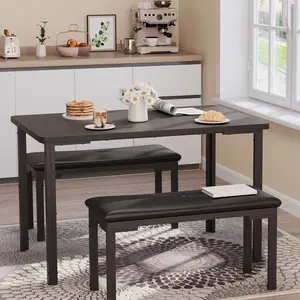 Dining Table Set for 4, 3-Piece Kitchen Table with 2 Upholstered Benches, Space-Saving Dining Room Set for Breakfast Nook and Small Spaces