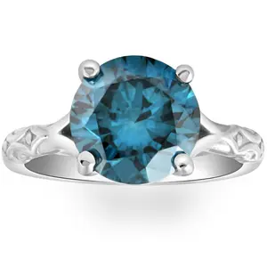 3Ct Blue Diamond Solitaire Vintage Engagement Ring Lab Grown in 10k White Gold