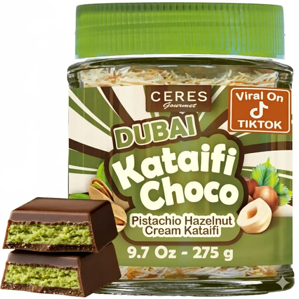 Dubai Chocolate Spread 9.7 oz Jar with Pistachio Cream and Crispy Kataifi | Gourmet Crunchy Dubai Chocolate Bar Spreadable Filling and Toppings for Pancake, Breakfast, Snacks, Ice Cream and Desserts