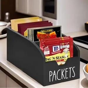 Wooden Spice Storage Box with 4 Divided Compartments, Rustic Kitchen Organizer for Condiments Snacks, Multi-Purpose Counter Top Drawer, Kitchen Pantry Storage