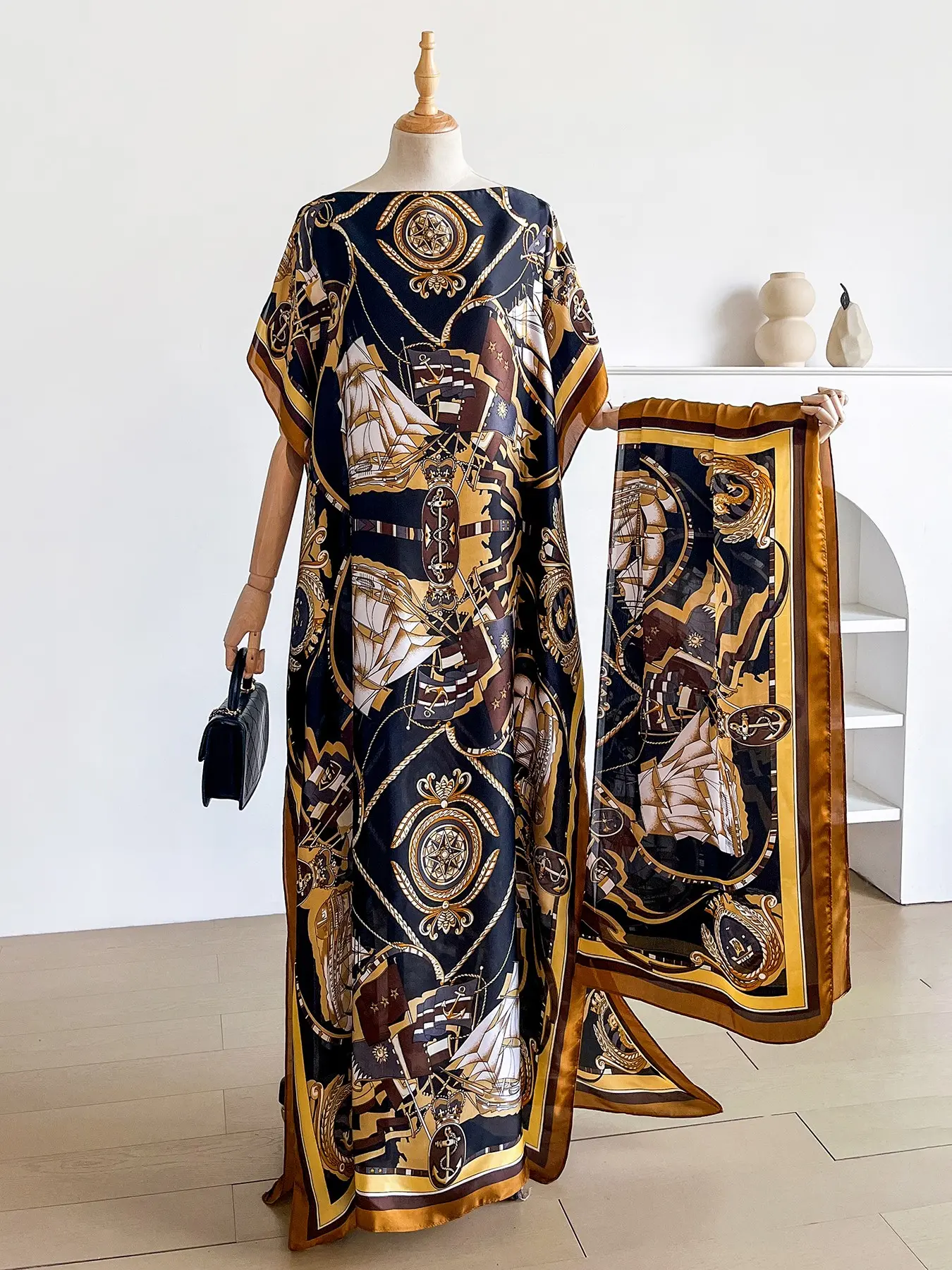 Fashionable Sailboat Print Shawl Set, Elegant Fitted Scarf for All Seasons, Sun Protection Silk Ribbon for Beachwear, Summer Shawl