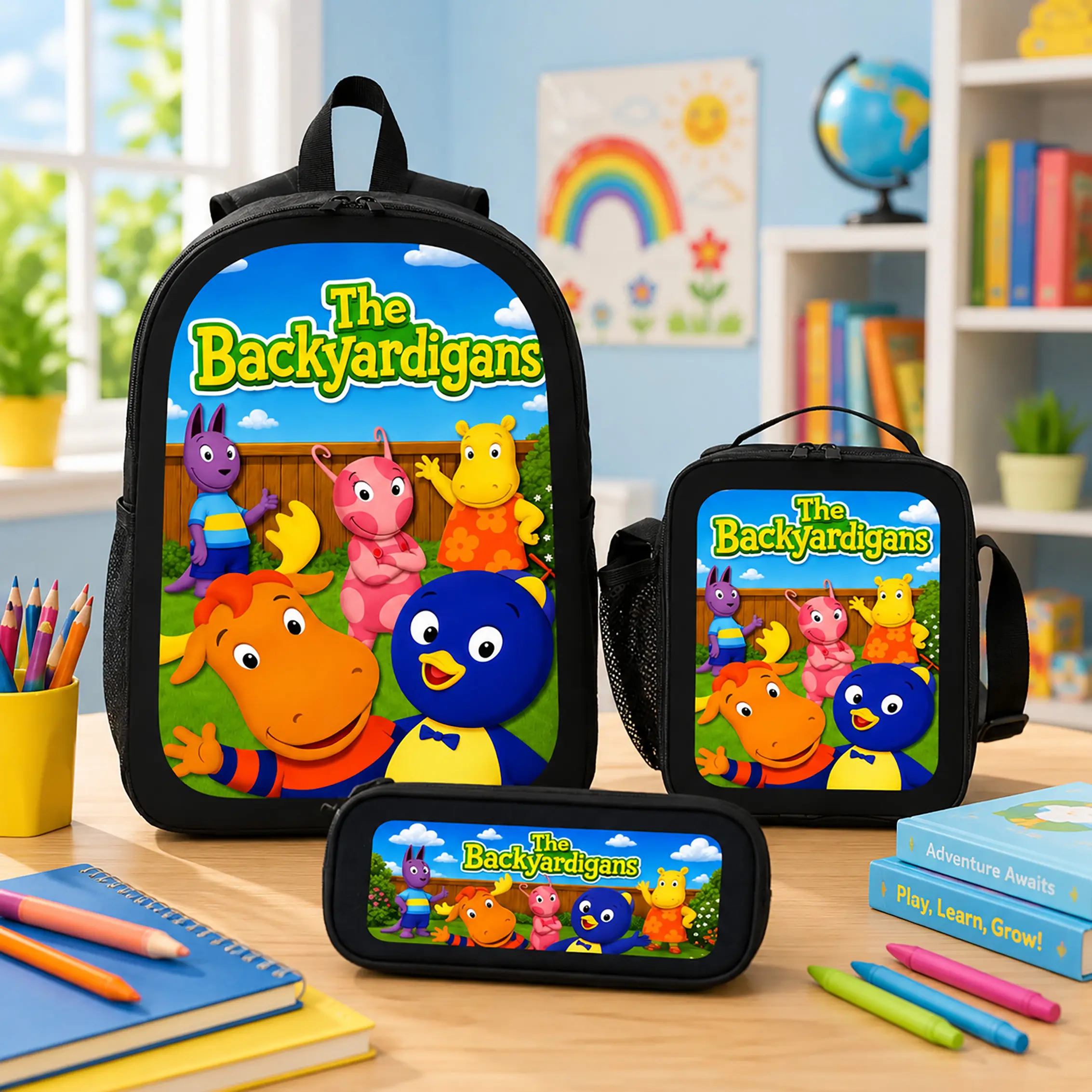 The Backyardigans 3 Piece Backpack Set Polyester Bookbag Lunch Bag Pencil Case Large Capacity Lightweight Breathable Cartoon Character Bag For Back To School Travel Daily Use Kids Boys Girls Teens Students