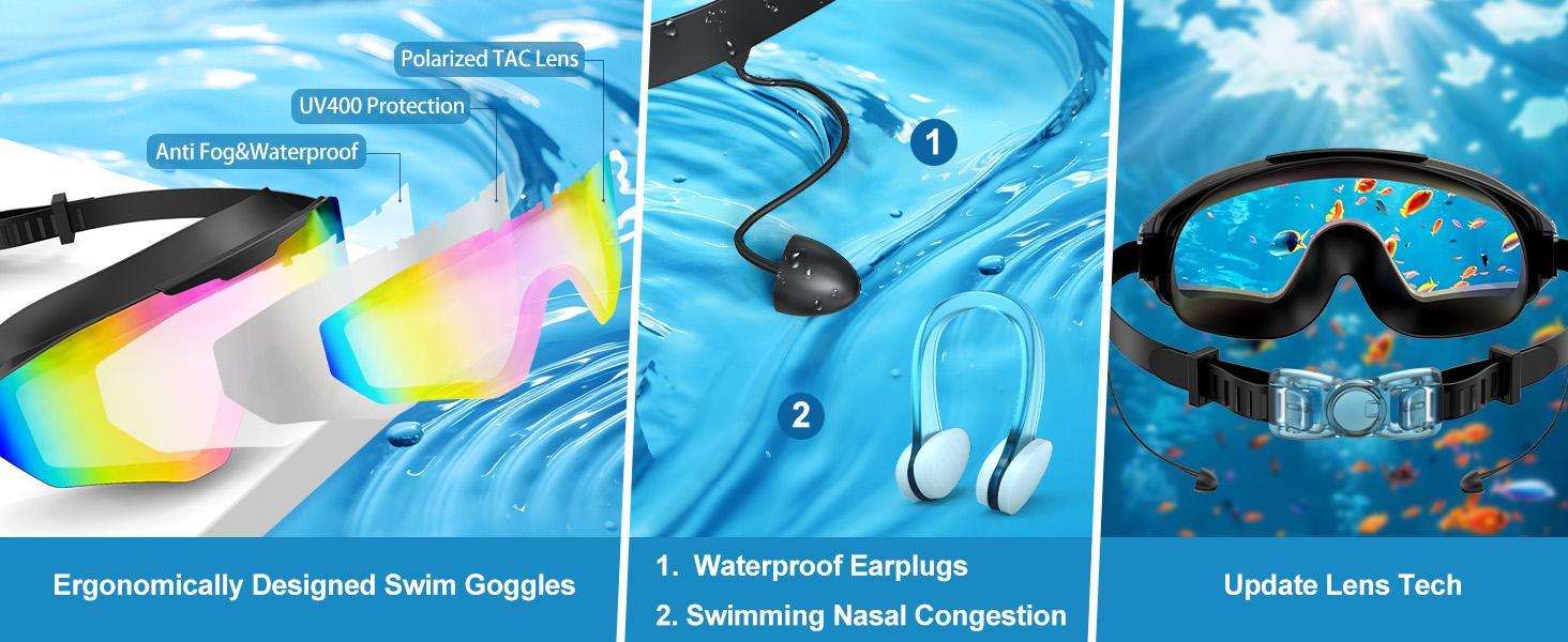 Viyawise Adult Swimming Goggles - Splash, Pool Goggles with Anti-Fog Full-Coverage Design, 3-Color UV-Protective Lenses, Waterproof Earplugs & Nose Clip for Outdoor Water Sports, Splash Swim Goggles