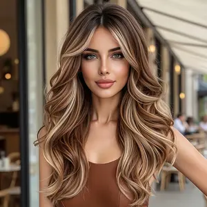 HAlR Brown Wig for Women Long WavyLace Hairline Middle Part Synthetic HeatResistant Wig for Daily Party 26 lnch