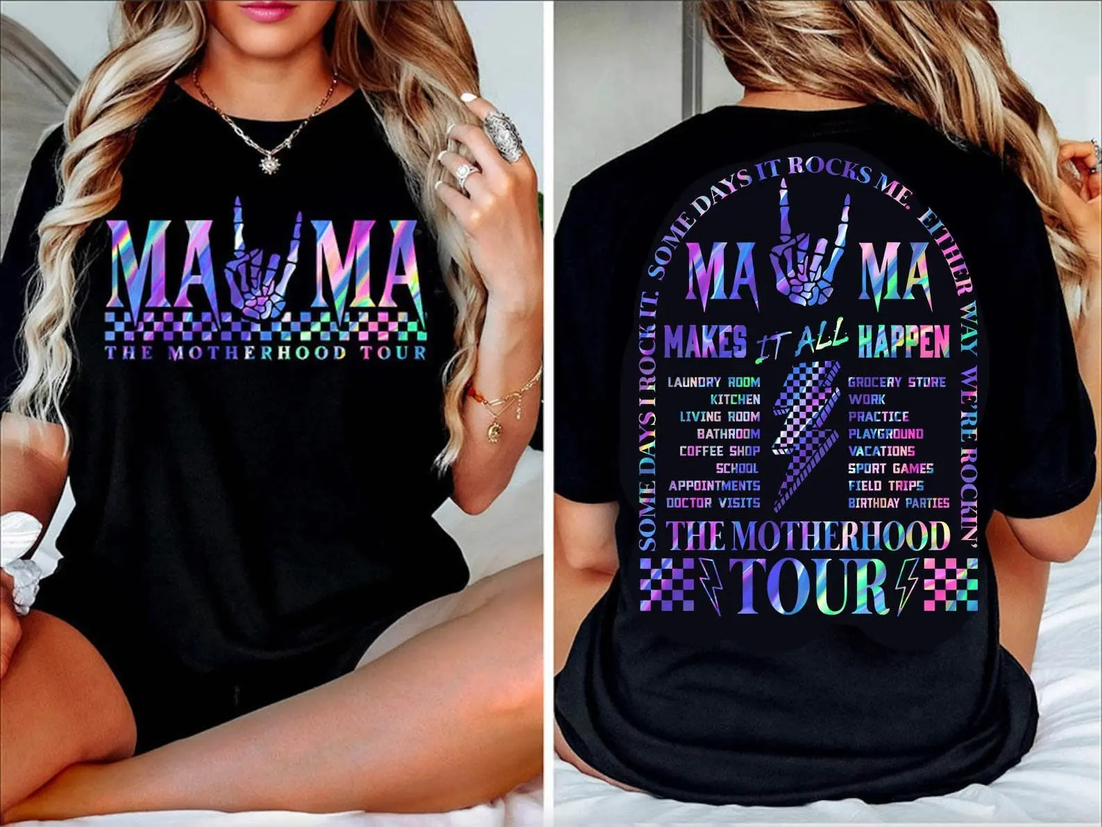 Black Women's Graphic T-Shirt - Funny "Motherhood Tour" Shiny Retro Holographic Rainbow Print, Lightweight Breathable Loose Oversized Double-Sided Soft Cotton Checkered Streetwear Mom Tops, Clothes, Comfortable, Fabric, Casual, Mama, Shortsleeve, Doctor,,