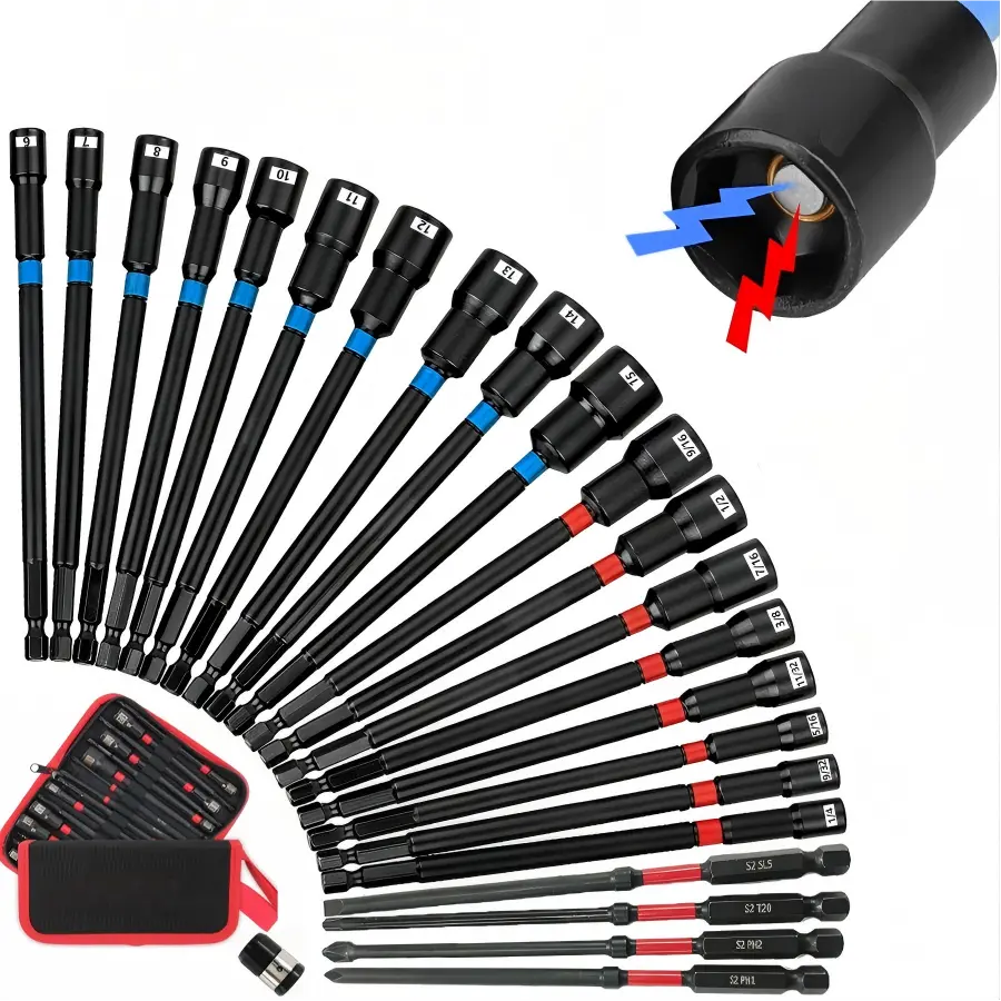 23PCS Magnetic Nut Driver Set, 6” Long Nut Drivers for Impact Drill, SAE & Metric 1/4” Hex Shank Nut Driver Bit & Impact Drill Driver Bit w/Power Screwdriver Bits PH1/PH2/SQ2/T20, Storage Bag