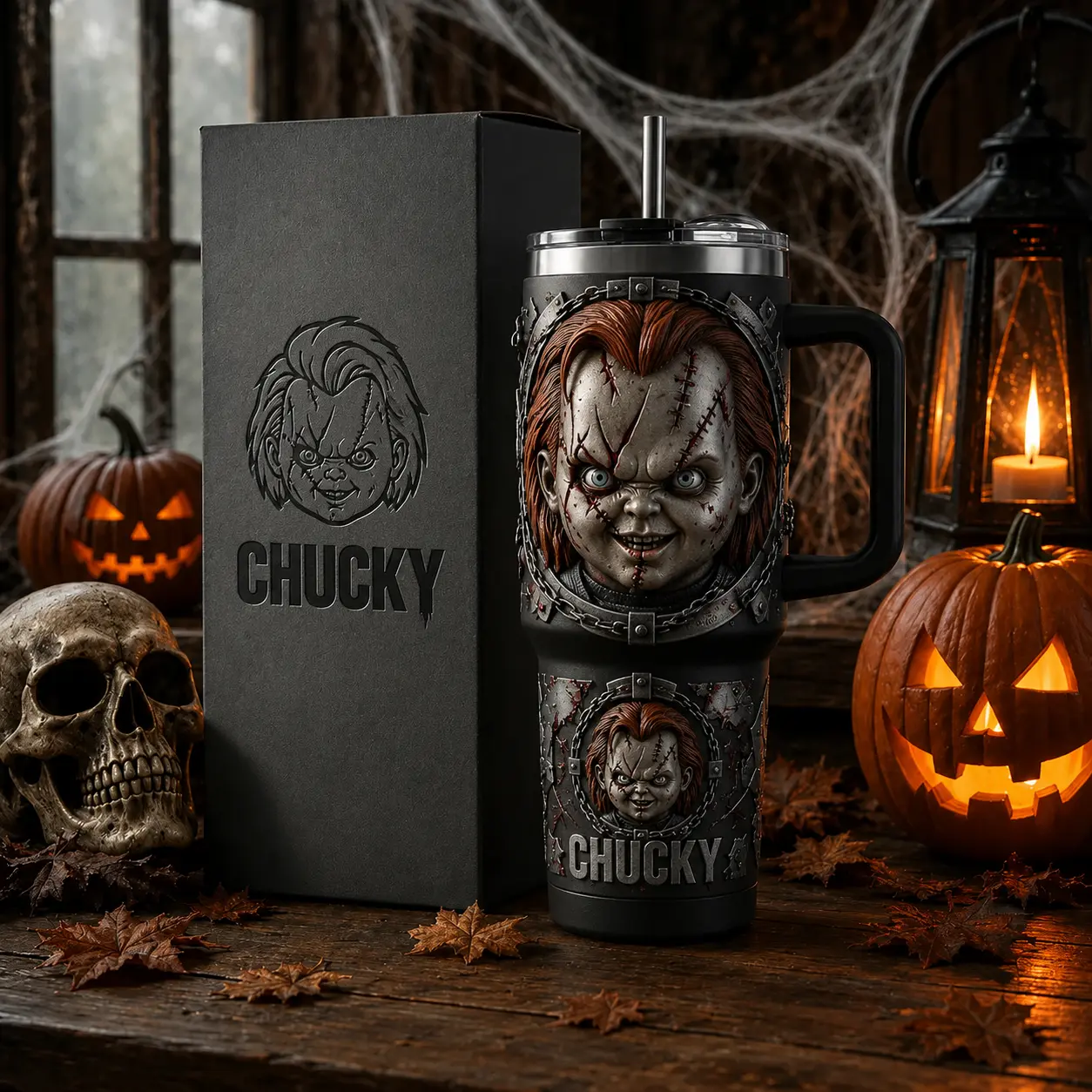 OceanSip4U Chucky Child’s Play 40oz Stainless Steel Tumbler with Handle, Vacuum Insulated Travel Mug, Horror Movie Killer Doll Cup, Halloween Tumbler, Gift for Horror Fans
