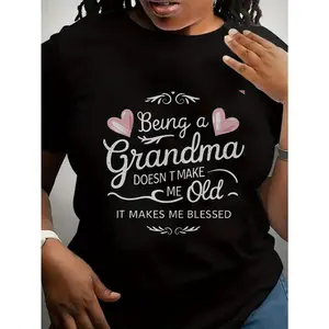 Women's Oversized Casual Short-Sleeve T-Shirt - "Being a Grandma Doesn't Make Me Old It Makes Me Blessed" Inspirational Quote with Geometric Print, Stretch Fabric, Loose Fit Round Neck, Machine Washable, All-Season Comfort, Grandma Gift