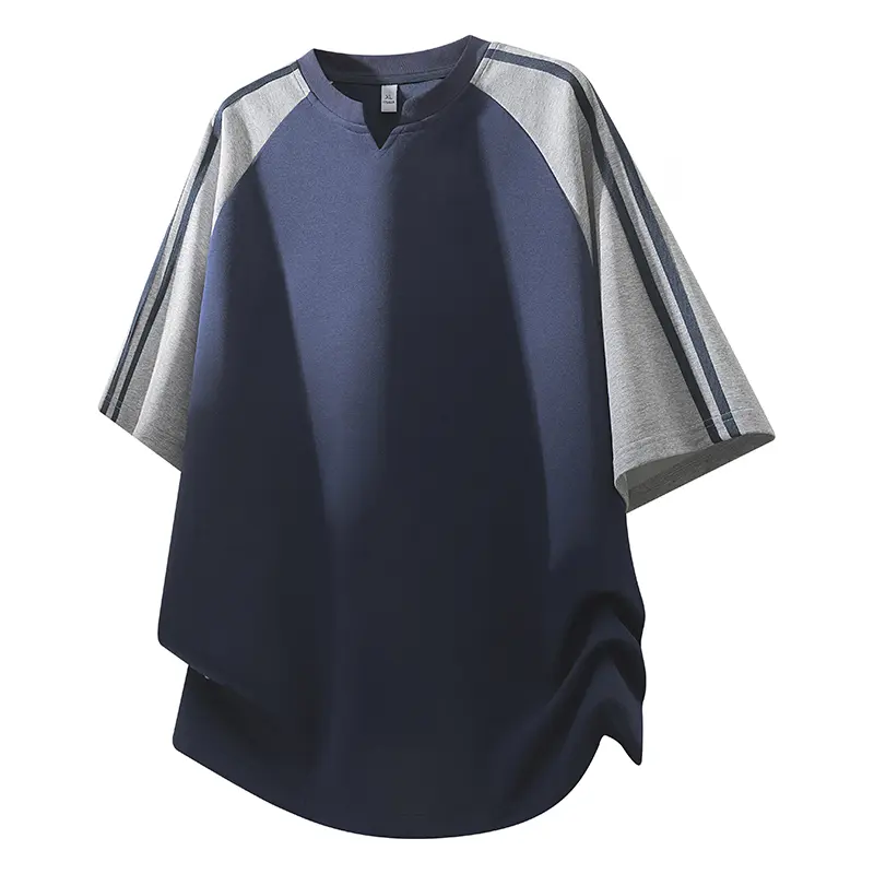 Men's Raglan Color Block Breathable Short-Sleeve T-Shirt - Notch Neck, Dual Striped Sleeves, Curved Hem, Loose Fit - Retro Sports Stylish Top for Daily Streetwear Summer Casual - Chinese New Year, Valentine's Day Tee