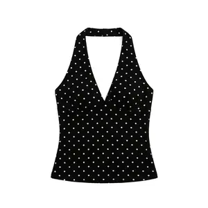 FDR Silver Sparkle Halter Top Slim Fit V-Neck Polka Dot Catch-the-Light Backless Design for Y2K Soft Stretchy Fabric