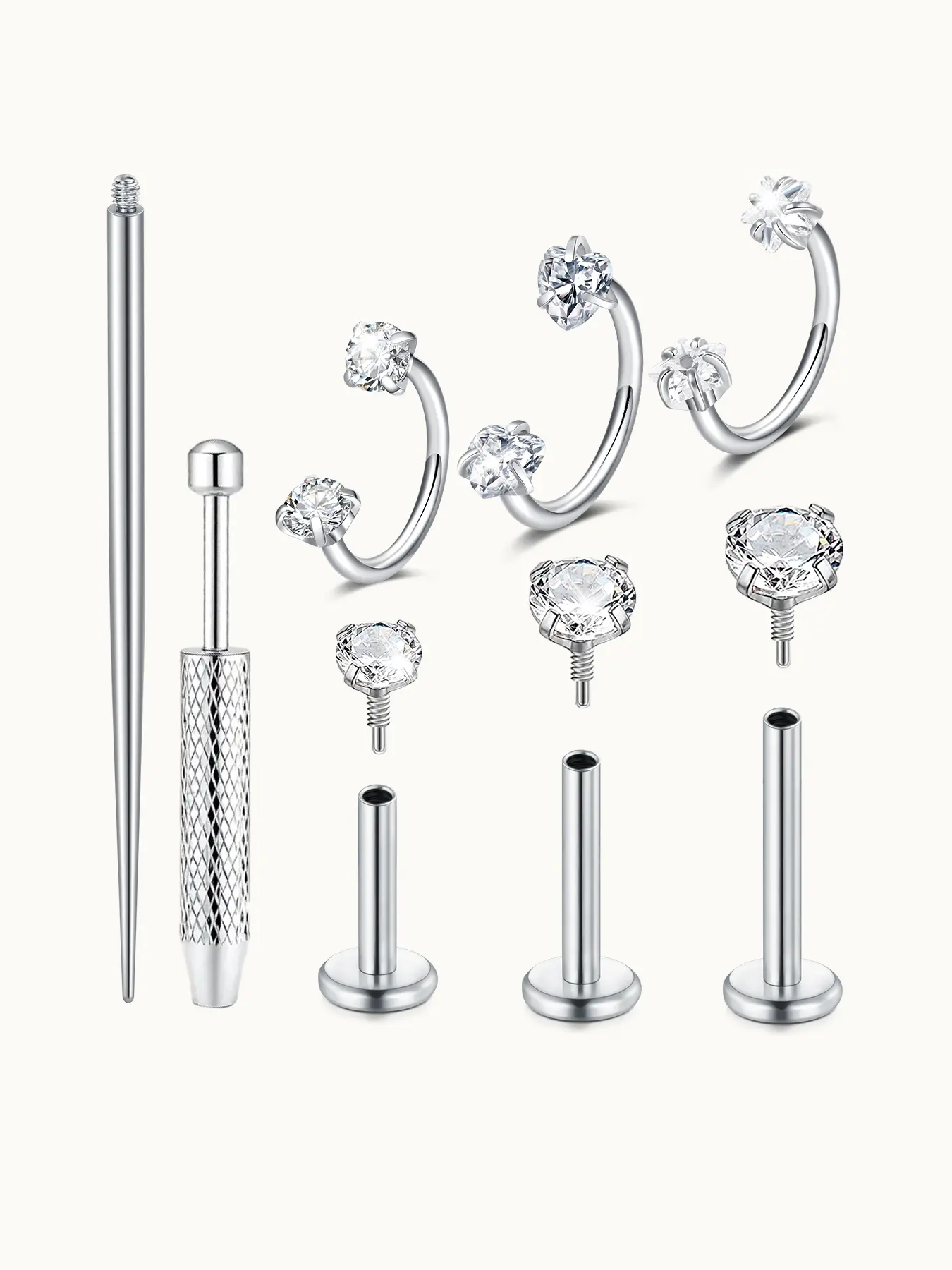 18G Stainless Steel Horseshoe Nose Ring and Flat-Back Stud Earring Set Body Jewelry for Women and Men, Hypoallergenic Surgical Steel Tragus Helix Cartilage Conch Piercing Jewelry with Piercing Ball Grabber Tool