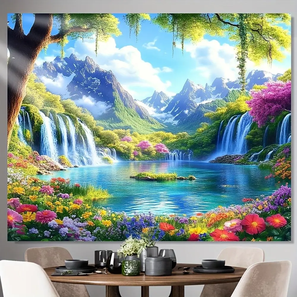 1pc Polyester 2D Flat Backdrop Banner - Multicolor Vibrant Waterfall Garden Greenery-Wildflowers Print, Reusable Indoor-Outdoor Birthday Decor, Home & Office Supply