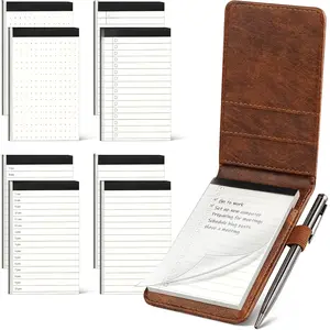 10 count Notepad Holder Set Pocket Notebook - Included Mini Pocket Notepad Holder Set with 8 Memo Book Refills and Metal Pen for Meetings, Daily Records, and Notes 3 x 5 Inch (Brown)