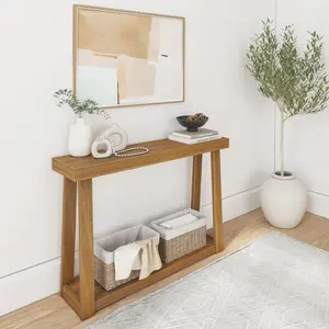 Solid Wood Console Table with Storage, 46.25 Inch, Sofa Table with Shelf, Narrow Entryway Table for Hallway, Behind The Couch, Living Room, Foyer, Easy Assembly, Pecan