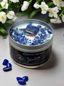Intuition Crystal Intention Candle Lapis Lazuli Frankincense and Myrrh Wooden Wick