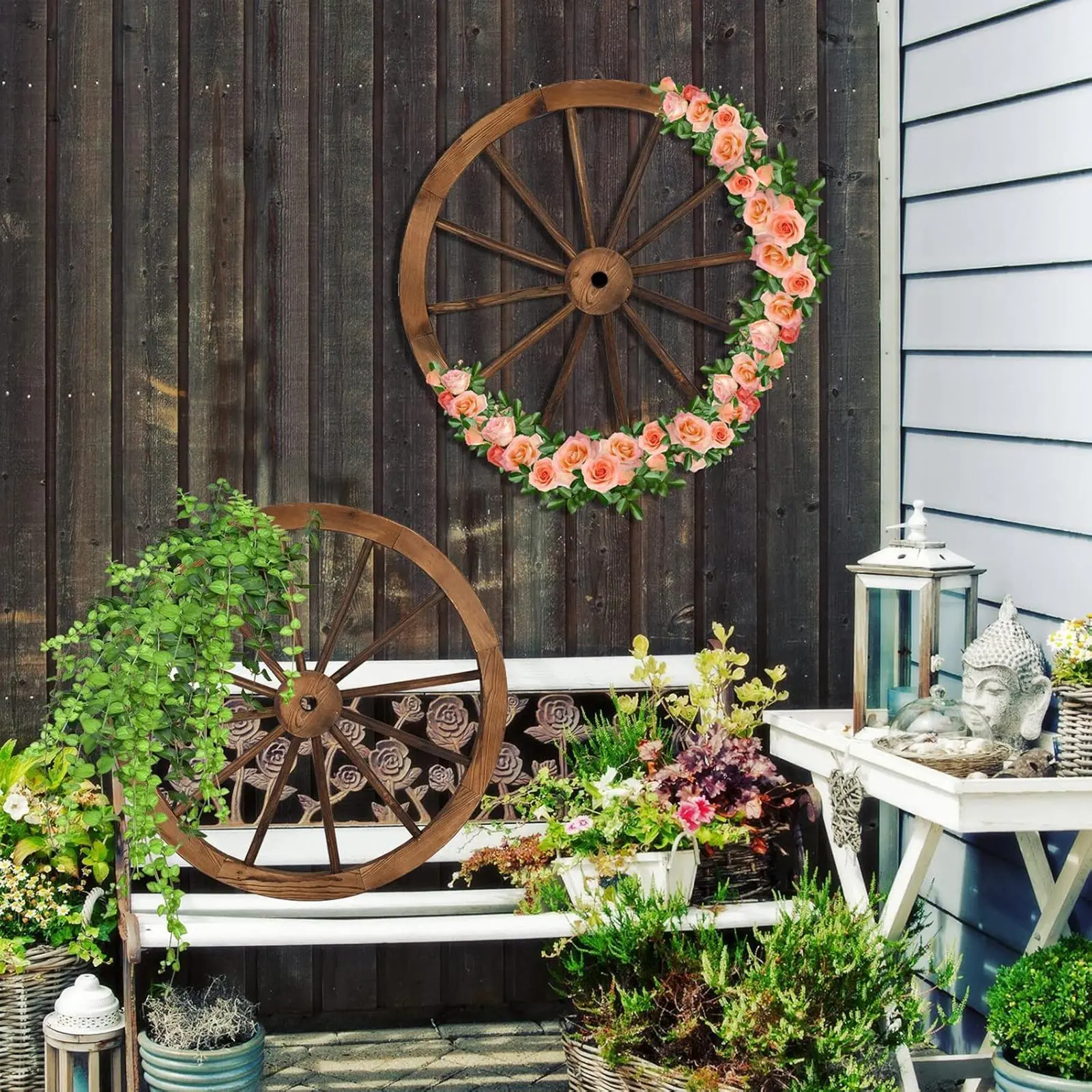Outvita 24" Decorative Wooden Wheel (Set of 2), Vintage Old Western Style Wall Hanging Wood Wagon Wheel for Bar, Garage, Patio, Carbonized Solid Fir Wood Summervibes