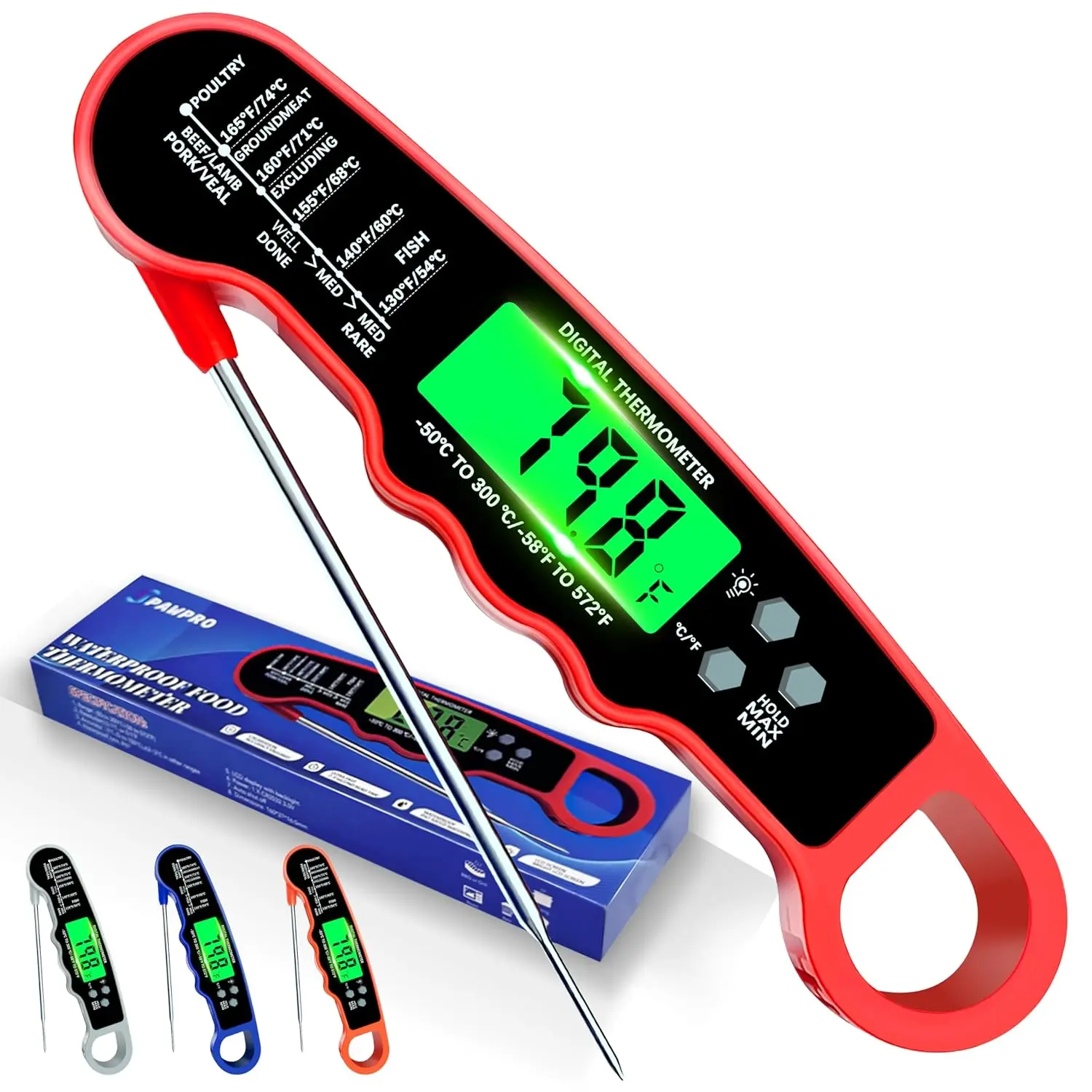 Meat  Digital, IP67    for Cooking and Baking, Instant Read Meat  with Backlight, Hold Function &  for Kitchen, Beef, Grill, BBQ, Candy, Turkey