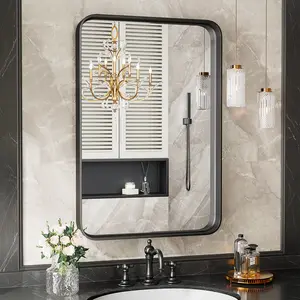 Rounded Rectangle Mirror Black Metal Framed Bathroom Vanity Mirror for Restroom Farmhouse Anti-Rust Tempered Glass Horizontally or Vertically Hanging