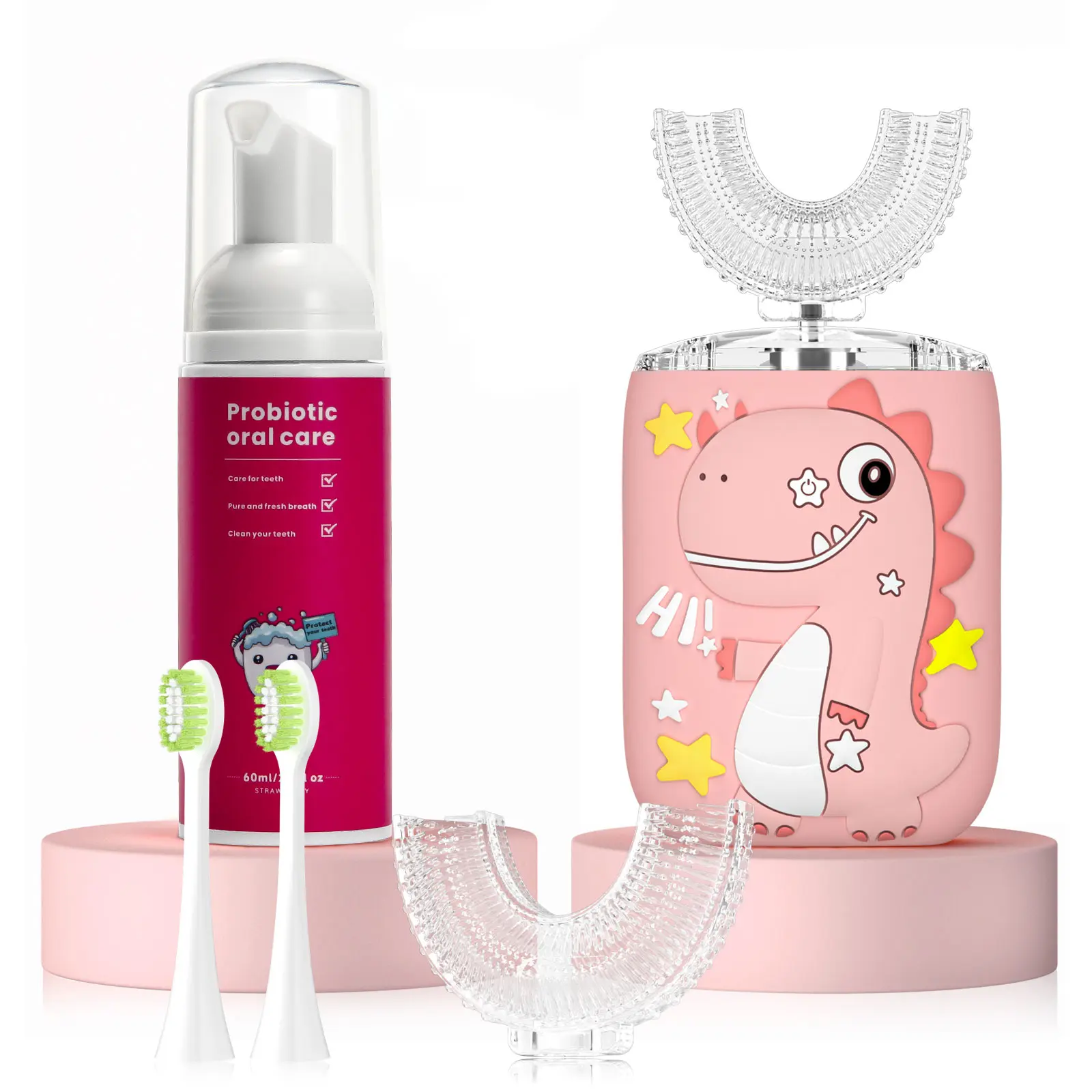 Kids U-Shaped Rechargeable Waterproof Sonic Electric Toothbrush Set - Oral Care Bundle with Strawberry-Flavored Toothpaste, Timer, Normal Brush Heads, Replaceable Brush Heads, 2025 Exclusive Bath Time Offer, 2025 Exclusive Offer, Cleaning Brush