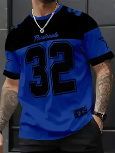 American Street Style Blue Patchwork Digital Print Short Sleeve T-Shirt, Summer Loose Breathable Sport Casual Round Neck Top