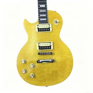 Left-hand electric guitar, lemon yellow color scheme, flame maple top, rosewood fingerboard, zebra pickguard, chrome hardware. In stock.