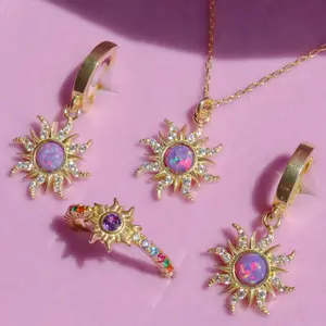 Rapunzel Opal Sunflower Necklace Bracelet Earrings With Ring Sparkling Opal Sunflower Pendant Jewelry Necklace Vintage Dopamine Barbie Necklace Opal Pendant Micro Set Zircon Pendant
