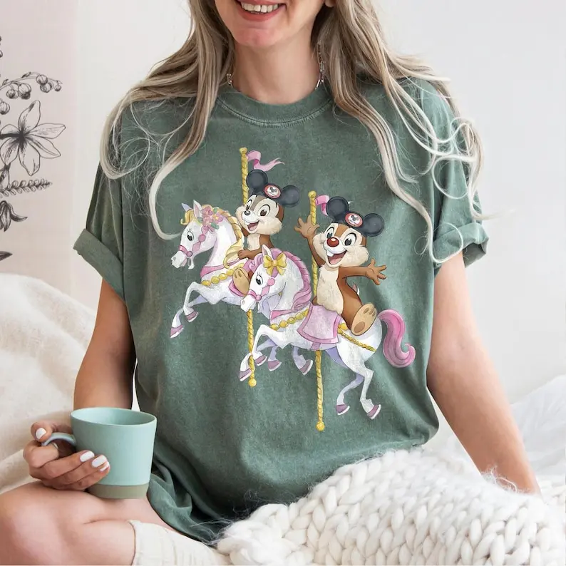 Youth and Adult Retro Chipmuknk Carousel Shirt, Cute Double Trouble Cartoon Graphic Tee, Vintage Fair Style Outfit, Family Vacation Matching Tee, Playful Aesthetic Shirt, Comfort Colors Style