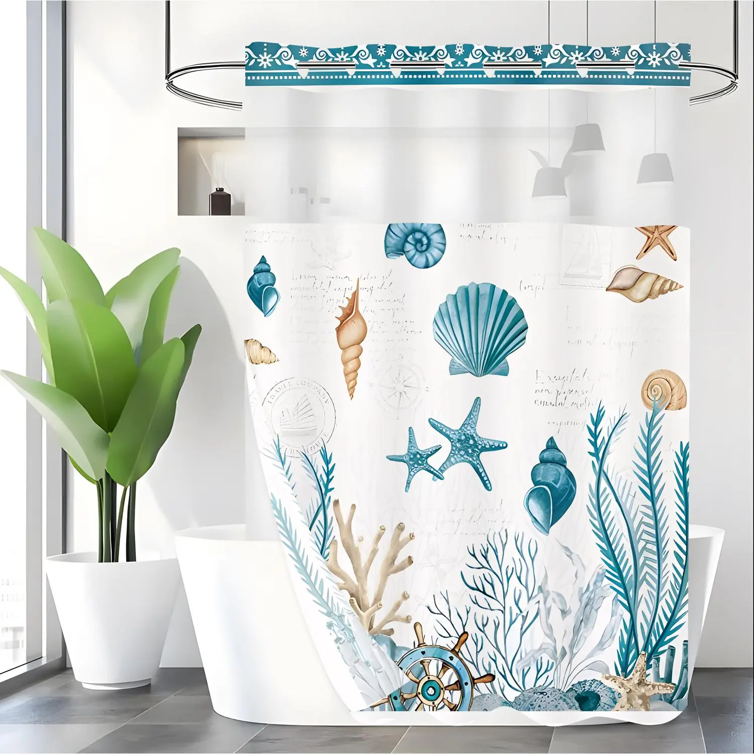 Blue Sea Life Pattern Shower Curtain Set, 2 Layers Waterproof Shower Curtain Liner, Shower Curtain And Liner Set, Bathroom Shower Curtains, Bathroom Decor Supplies for Home Decor, Home Goods, Bathroom Accessories, Decorative Shower Curtain
