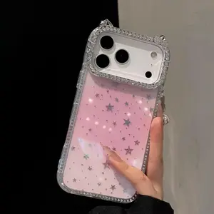 Luxury for iphone17proMax Case Glitter Diamond Cat Ear Case for iPhone 17 12 13 15 14 16 Pro Max Plus Transparent Back Cover